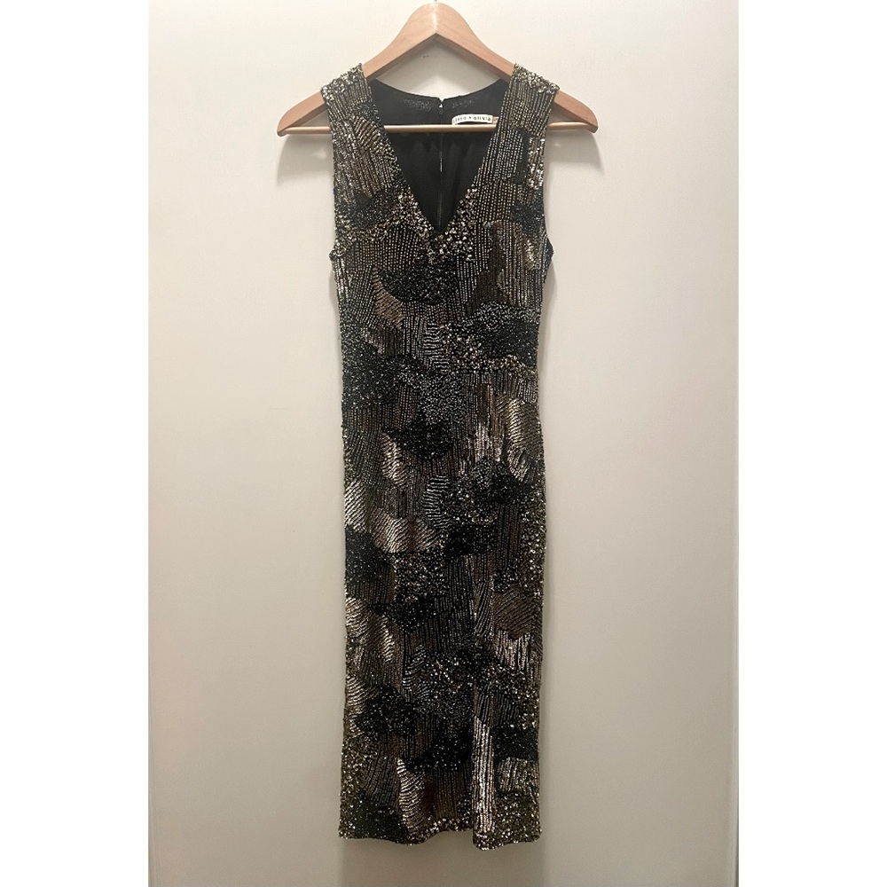 alice and olivia silver gold and black embellished beaded v neck dress
